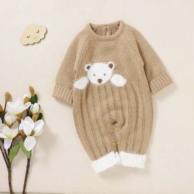 Baby Bear Jacquard Design Long Sleeve Cute Knitted Jumpsuits (Color: Khaki, Size/Age: 90 (12-24M))