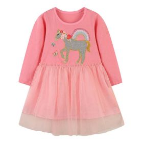 Baby Girl Cartoon Embroidered Pattern Mesh Overlay Design Solid Dress (Color: Pink, Size/Age: 140 (8-10Y))